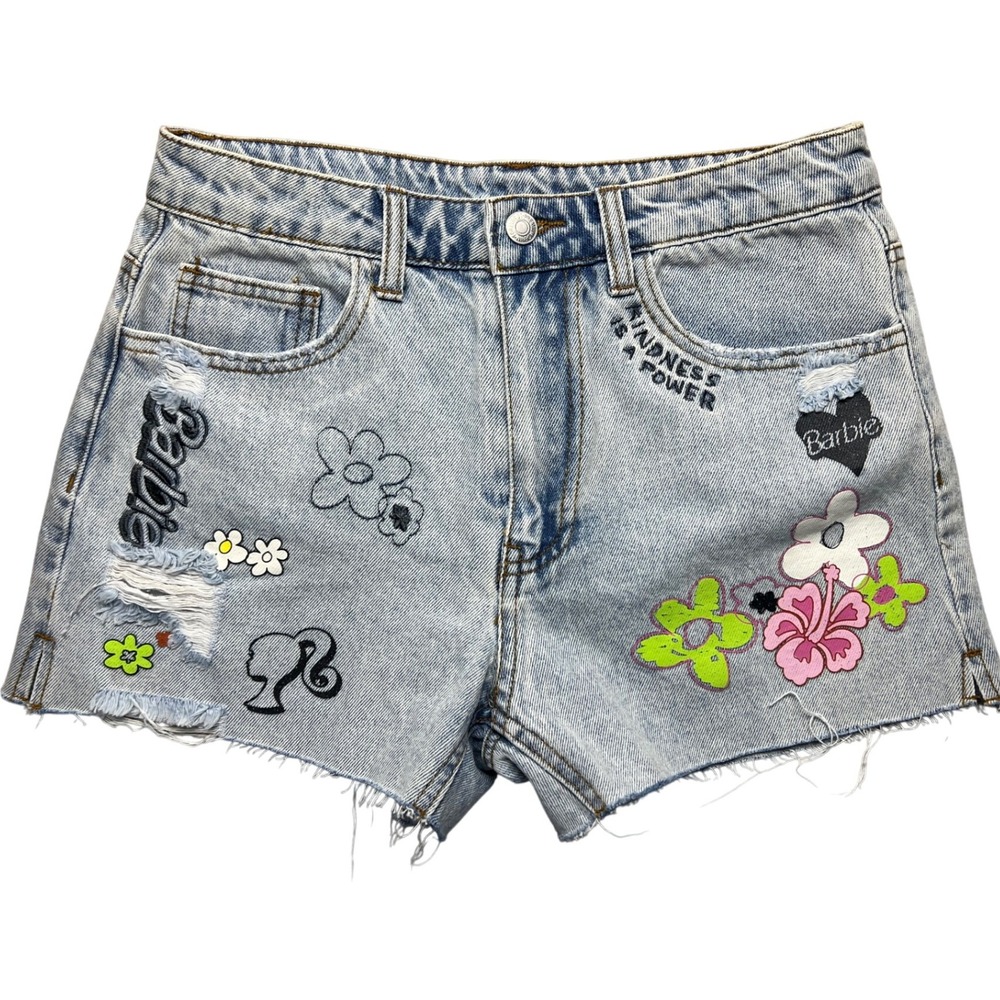 Barbie x Forever 21 Denim Shorts NWT Light Wash Distressed Floral Applique SZ 26